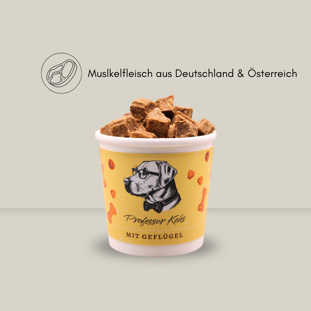 Produktbild von Genusswürfeln Huhn für Hunde mit dem Hinweis der Fleischherkunft