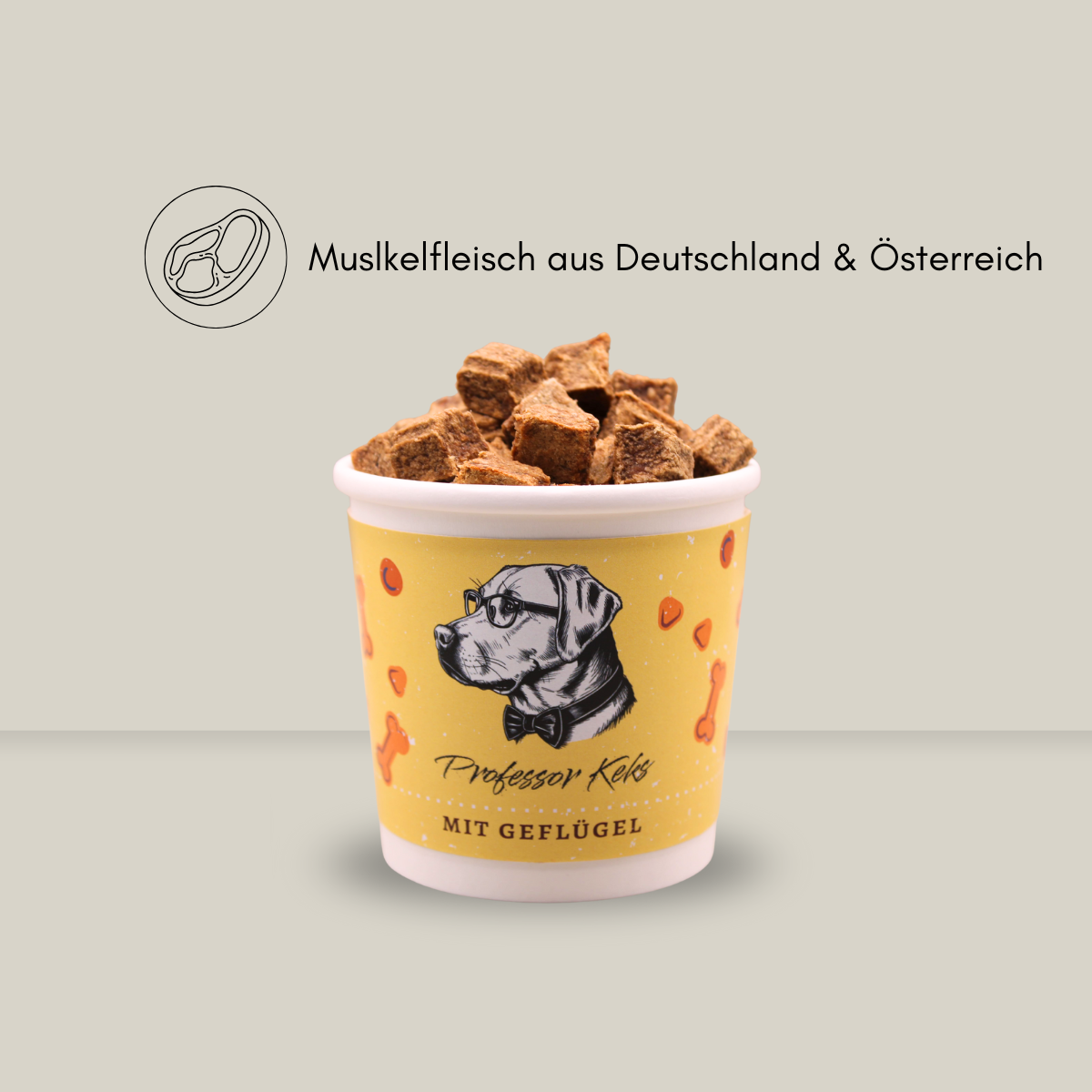 Produktbild von Genusswürfeln Huhn für Hunde mit dem Hinweis der Fleischherkunft