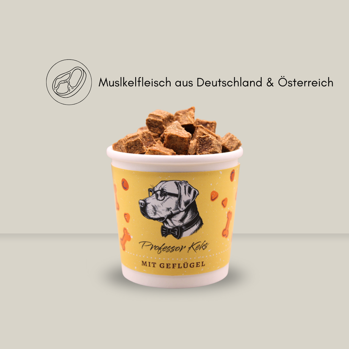 Produktbild von Genusswürfeln Huhn für Hunde mit dem Hinweis der Fleischherkunft