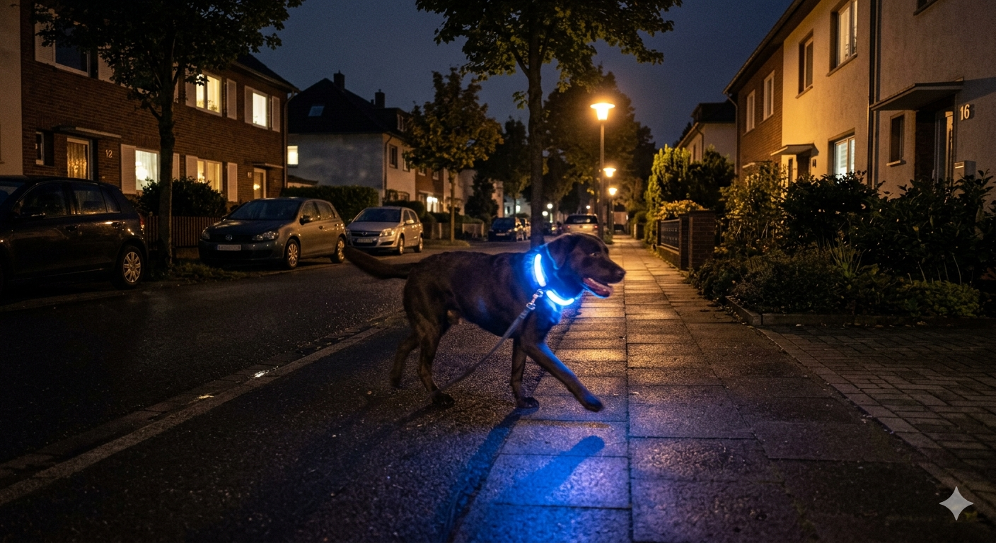 Hund mit Leuchtband in der Dunkelheit