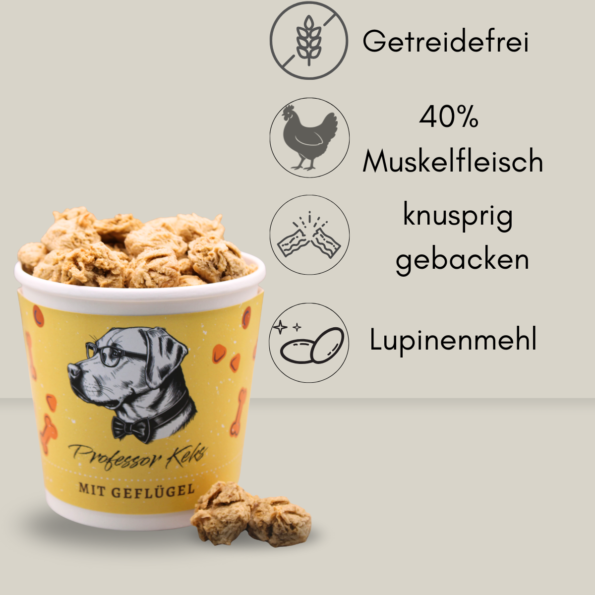 gelber Becher von Professor Keks mit Geflügelkeksen für Hunde mit den Hinweisen Getreidefrei, 40%Muskelfleisch, knusprig gebacken und Lupinenmehl enthalten
