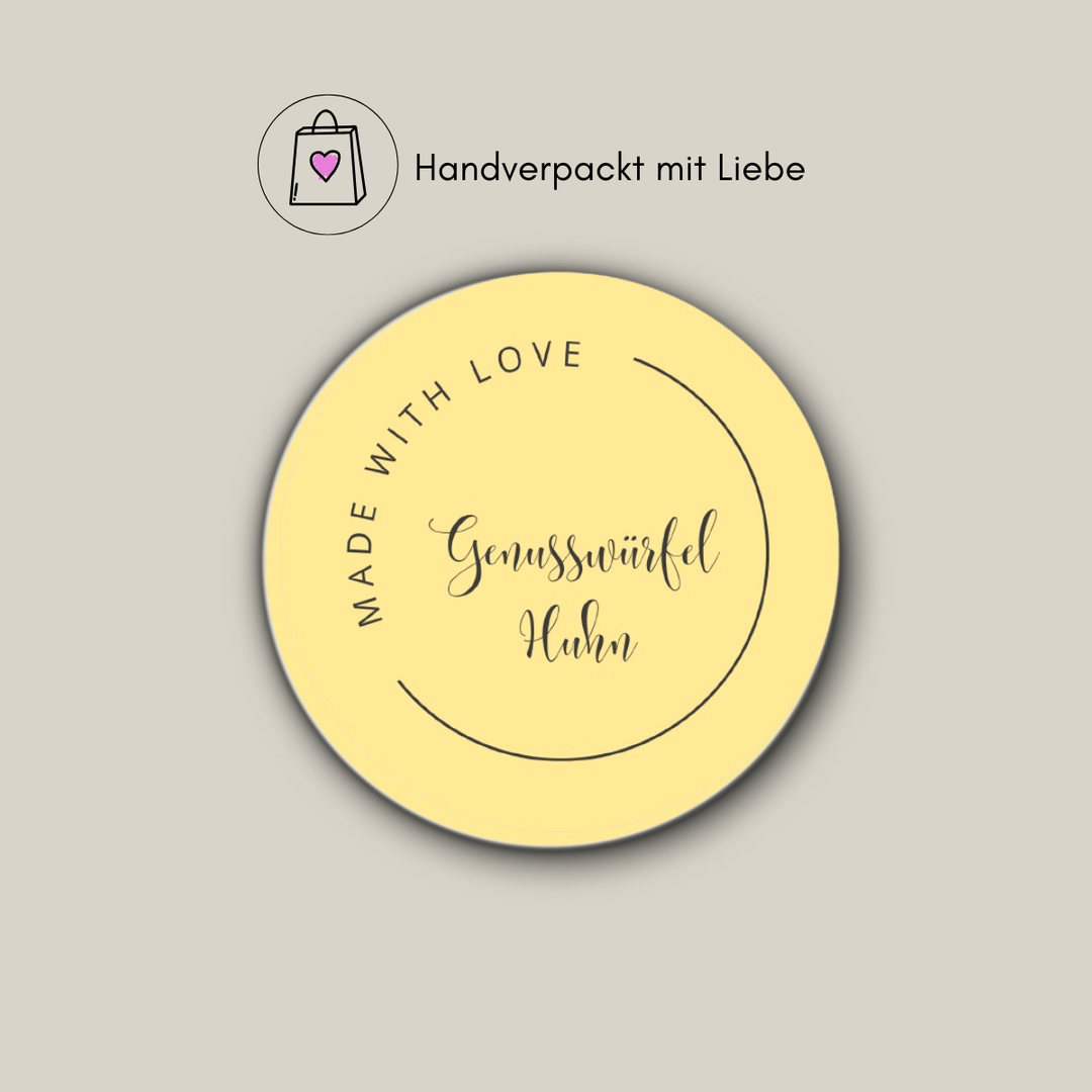 Produktaufkleber Genusswürfel Huhn mit dem Hinweis Handverpackt mit Liebe
