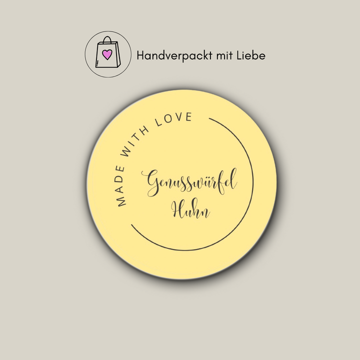 Produktaufkleber Genusswürfel Huhn mit dem Hinweis Handverpackt mit Liebe