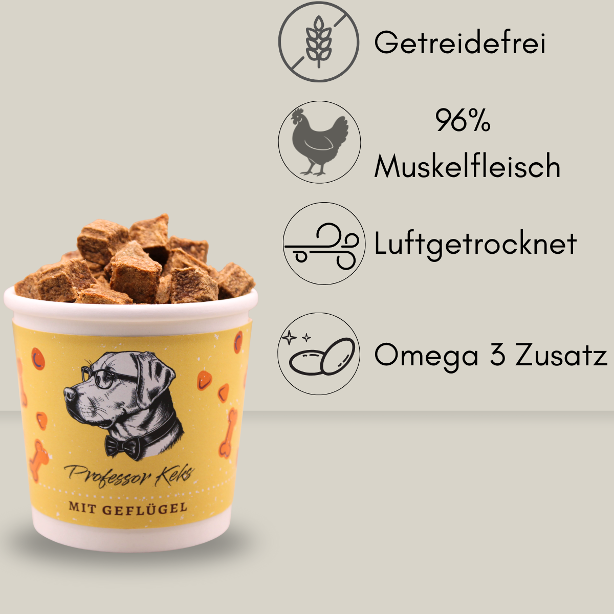 gelber Becher von Professor Keks für Leckerlis mit Geflügel