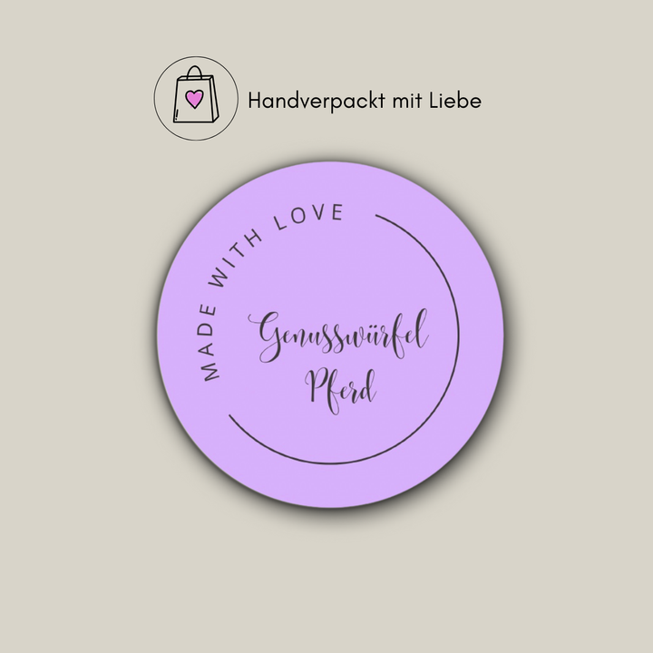 Produktaufkleber für Hundekekse aus Pferdefleisch mit dem Hinweis handverpackt mit Liebe