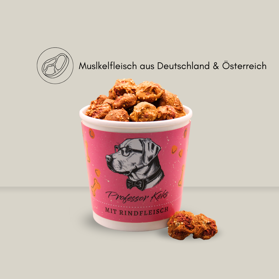 pinker Pappbecher von Professor Keks gefüllt mit kleinen Pasteten für Hunde und dem Hinweis "Muskelfleisch aus Deutschland & Österreich"