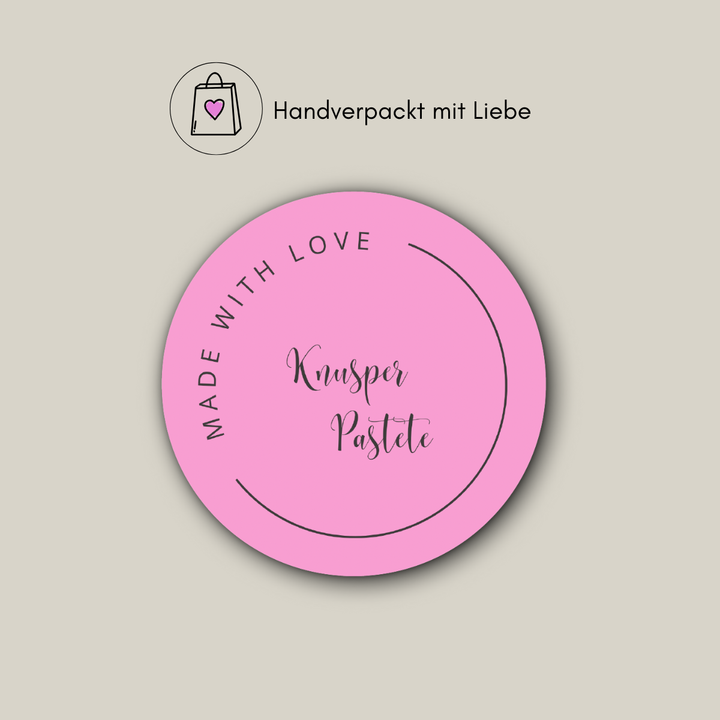 runder rosaner Produktaufkleber "Knusper Pastete" 