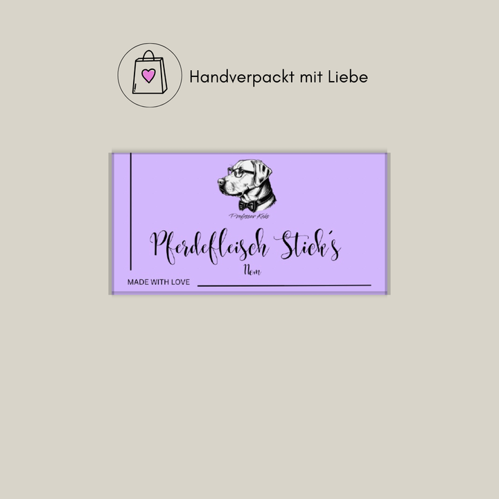 Produktaukleber in lila für Pferdefleischsticks von Professor Keks