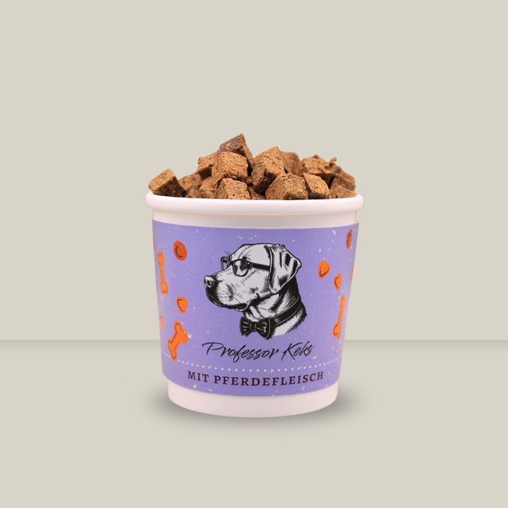 lila Pappbecher von Professor Keks gefüllt mit würfelförmigen Hundekeksen aus Pferdefleisch