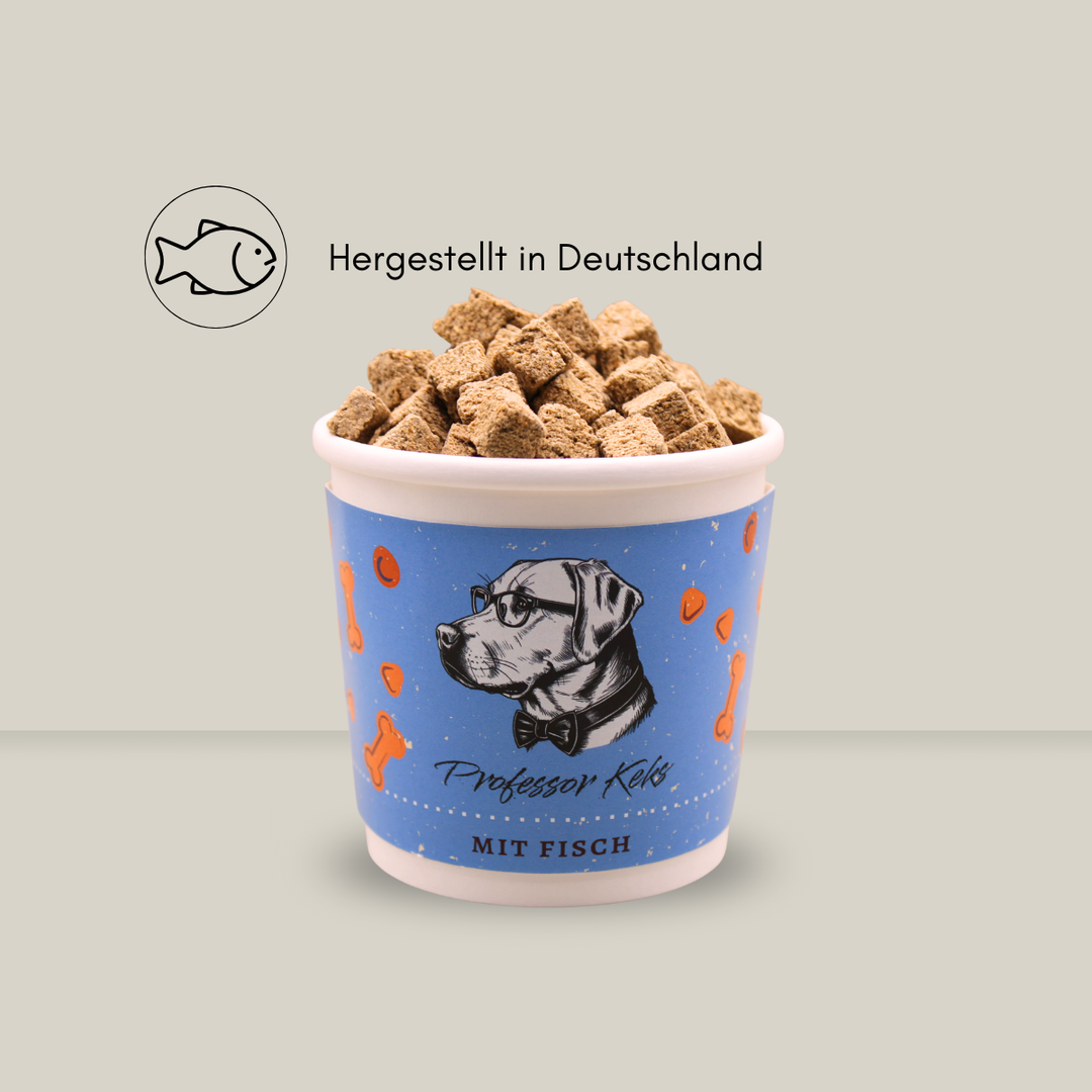 hundekekse aus Dorsch im blauen Becher mit der Überschrift Hergestellt in Deutschland