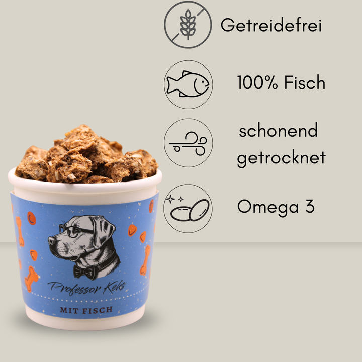 blauer Pappbecher von Professor Keks mit Fischkeksen für Hunde und den Hinweisen Getreidefrei,100% Fisch, schonend getrocknet, Omega 3
