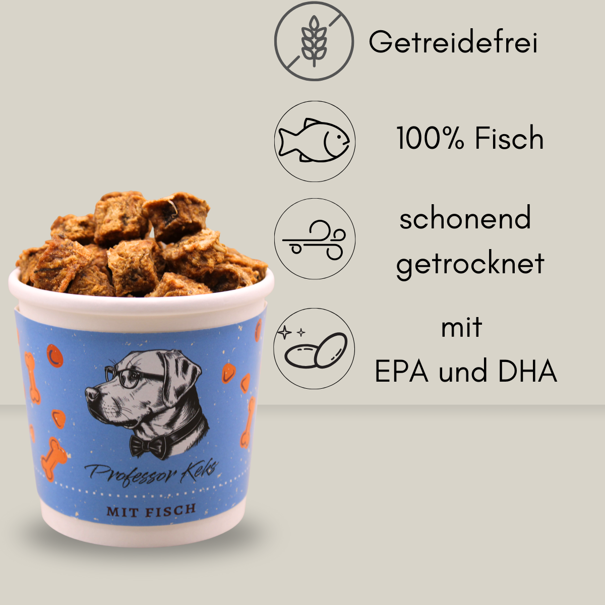 blauer Pappbecher von Professor Keks mit Fisch Keksen für Hunde mit den Hinweisen Getreidefrei, 100% Fisch, schonend getrocknet und mit EPA und DHA