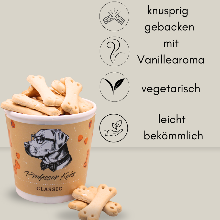 hundekekse im Pappbecher von Professor Keks mit den Hinweisen knusprig geback, mit Vanillearoma, vegetarisch und leicht bekömmlich
