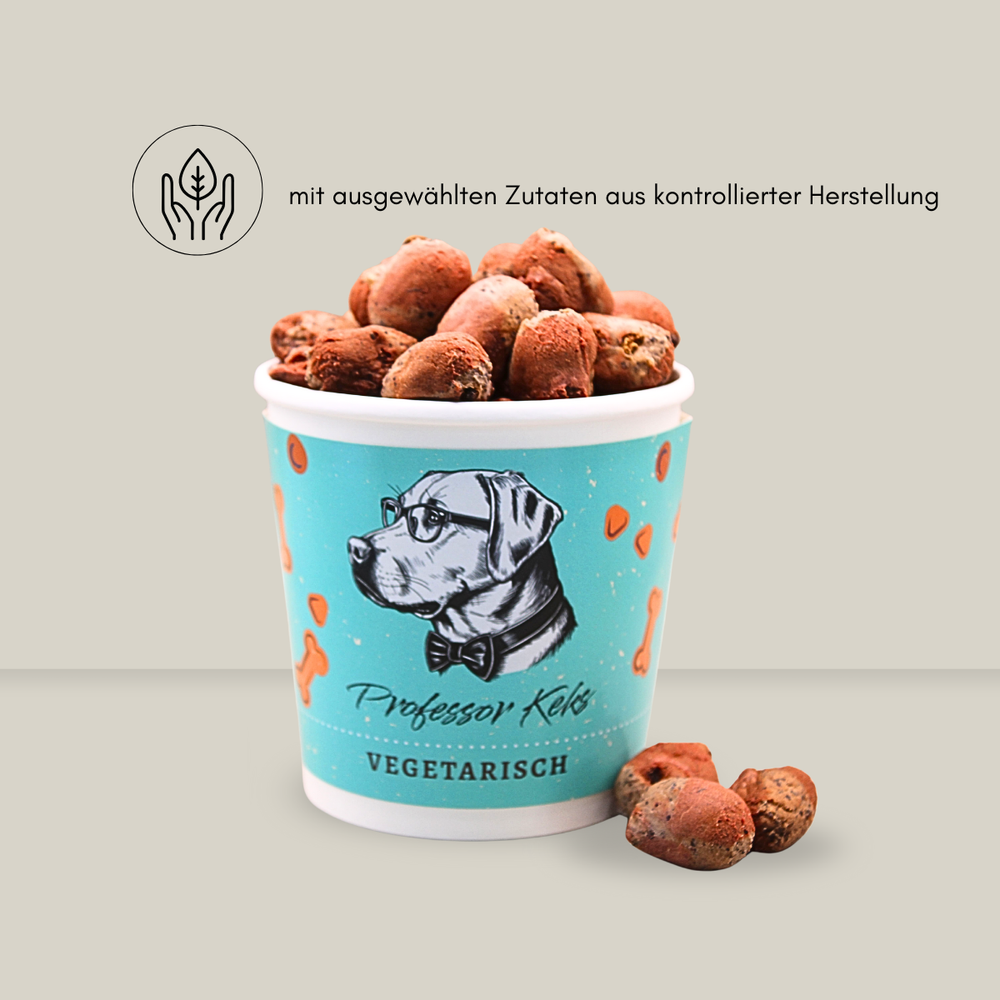 Produktbild inklusive Verpackung in Form eines Pappbechers von Professor Keks für vegetarische Hundekekse