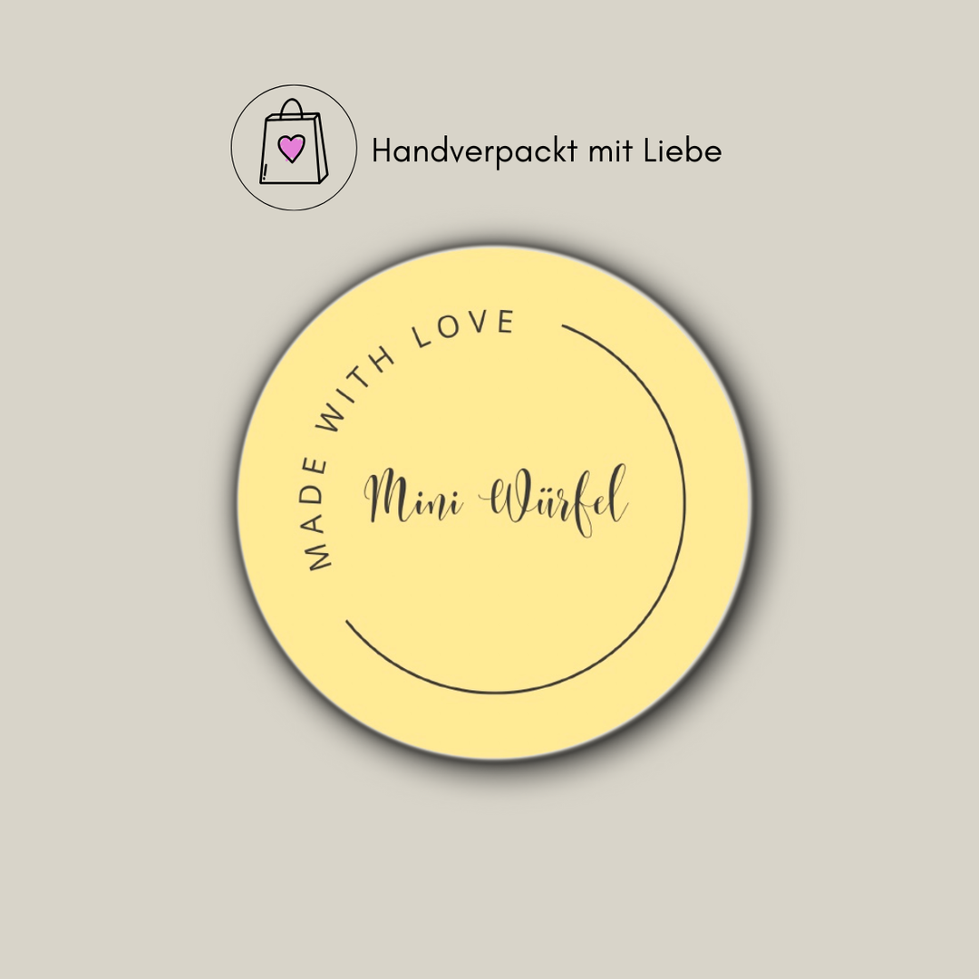 Produktaufkleber von Mini Würfel Pute mit Hinweis handverpackt mit Liebe