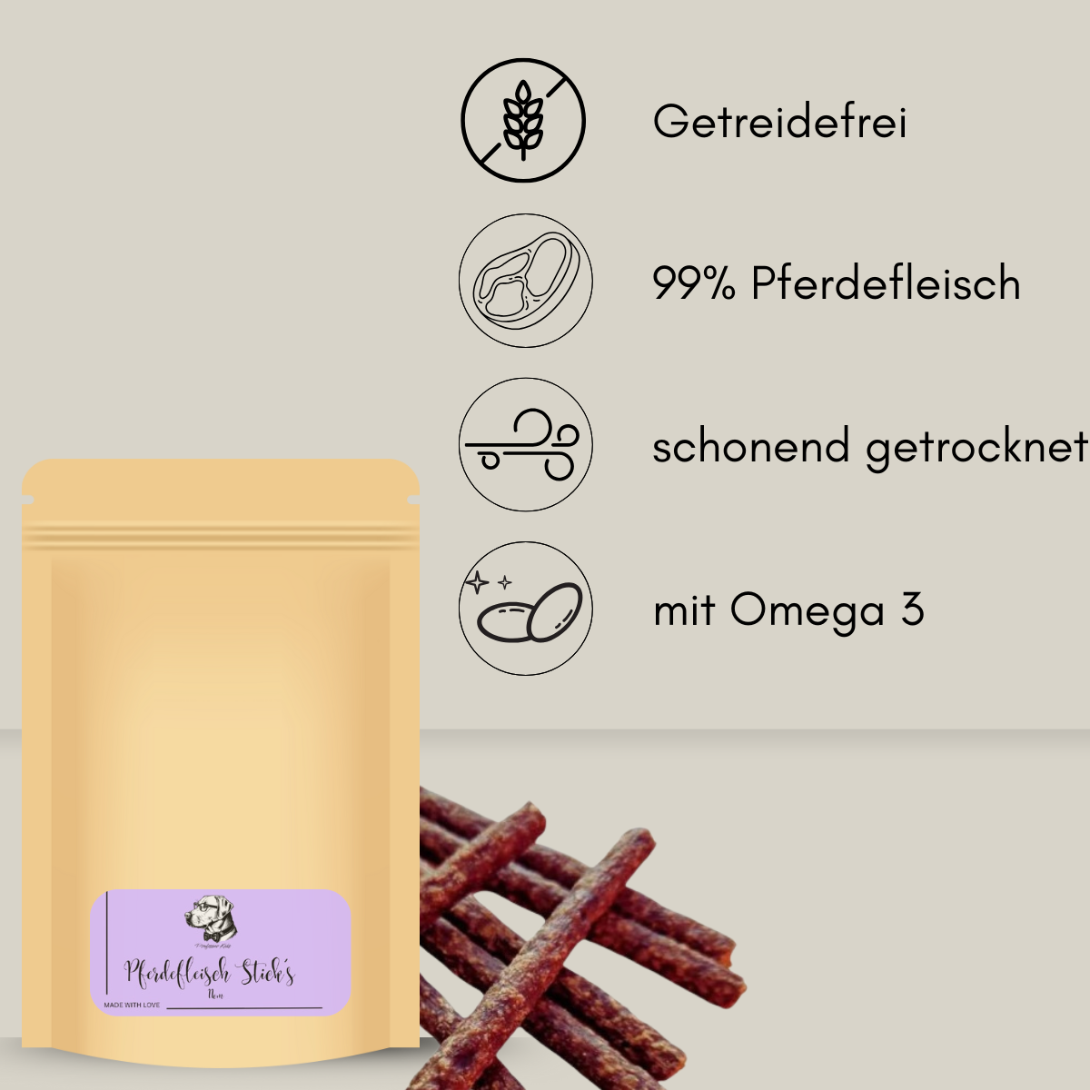 papierbeutel gefüllt mit Pferdefleisch Sticks für Hunde