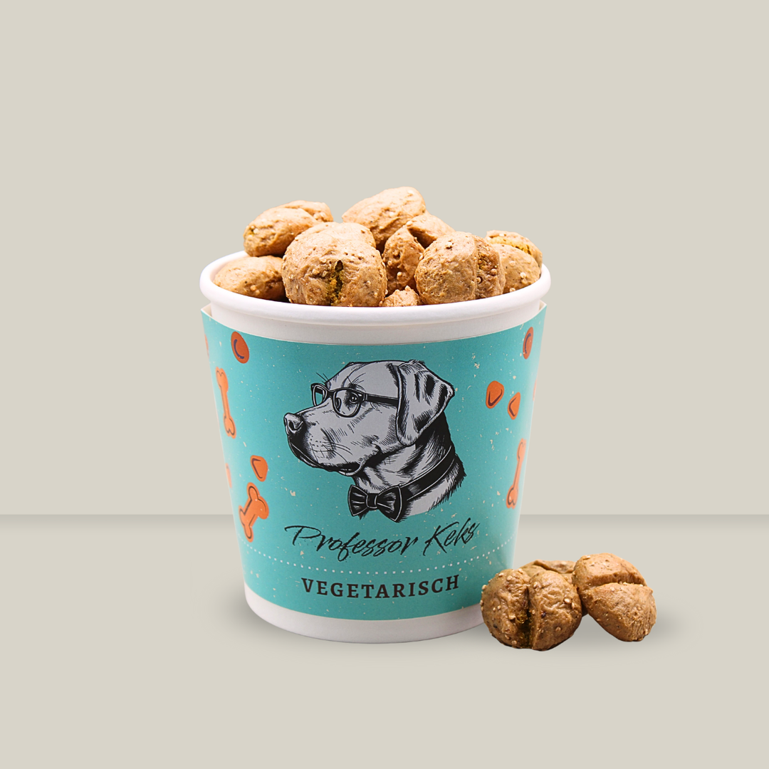 türkiser Pappbecher gefüllt mit vegetarischen Hundekeksen