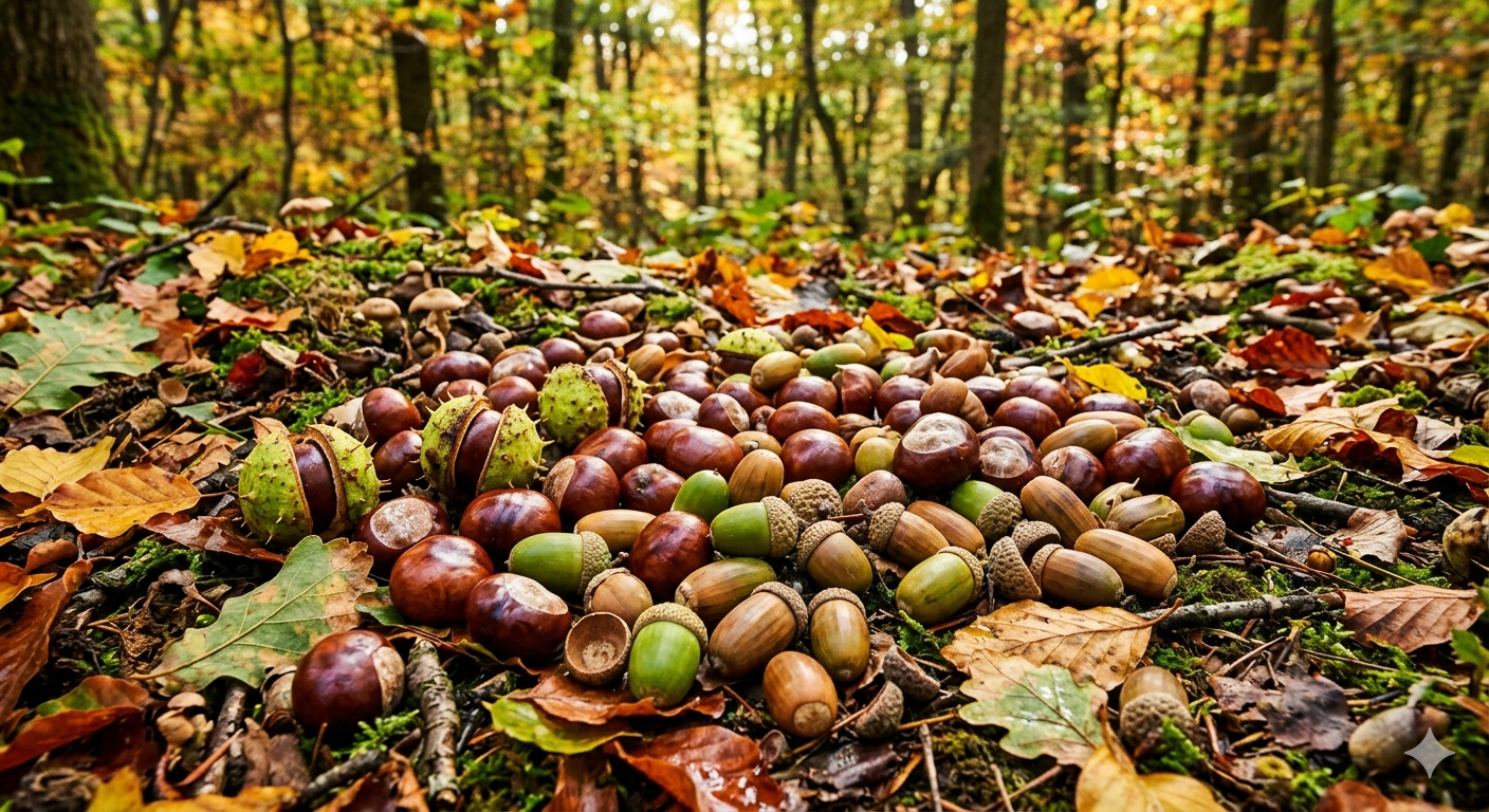 Kastanien und Eicheln auf Waldboden