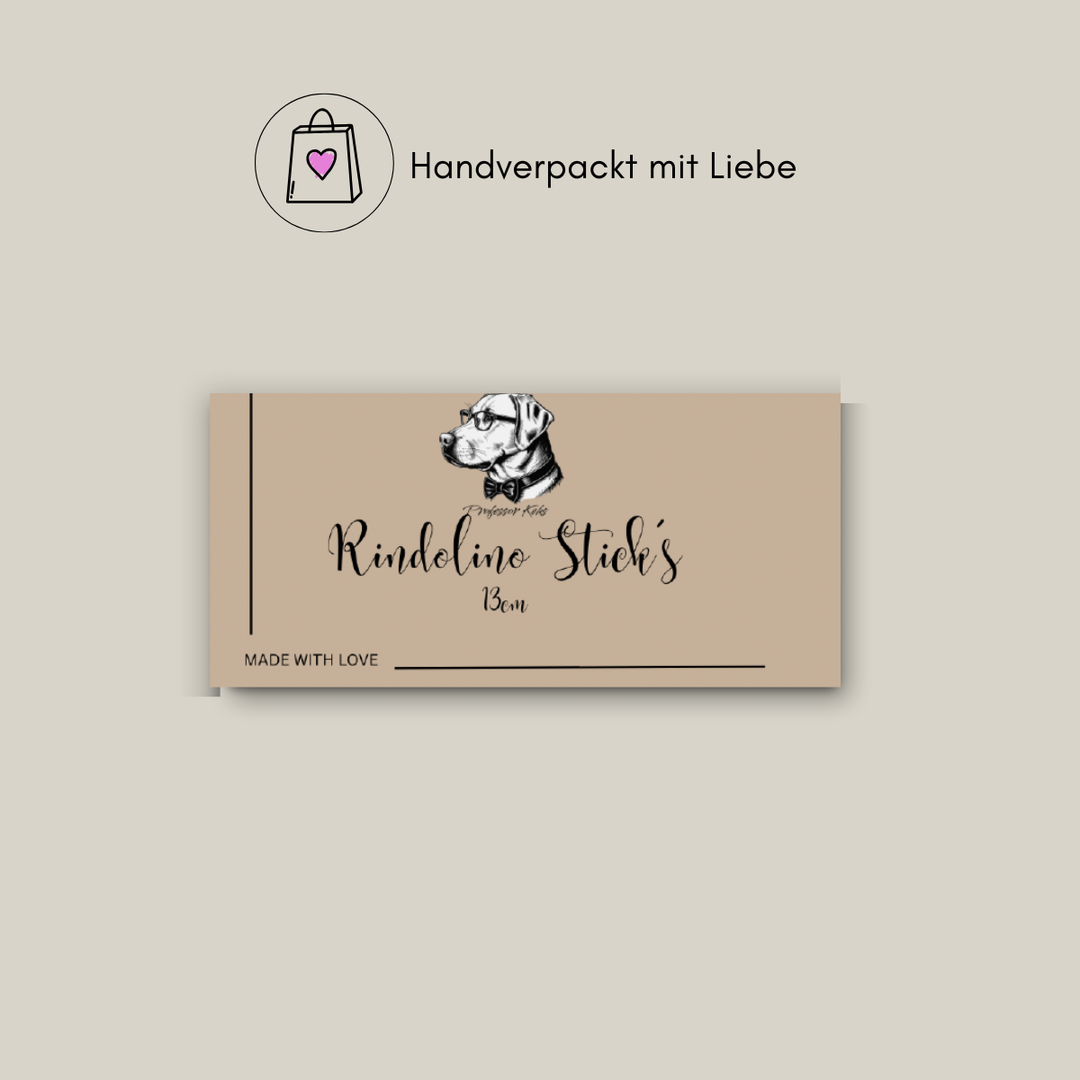 rechteckiger Produktaufkleber von Professor Keks für Rindolino Stciks