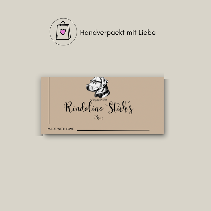 rechteckiger Produktaufkleber von Professor Keks für Rindolino Stciks