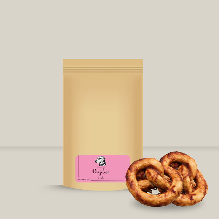 Standbodenbeutel aus Papier mit Kausnacks für Hunde in Brezelform