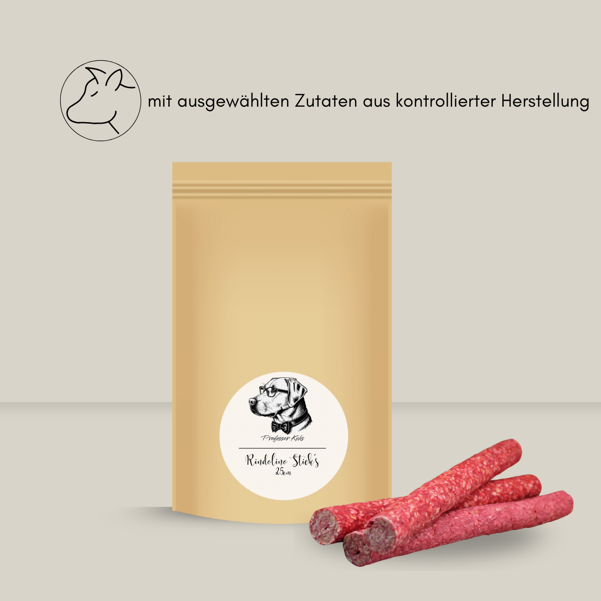 Bodenstandbeutel von Professor Keks mit 25cm langen roten Kaustangen für Hunde und dem Hinweis "mit ausgewählten Zutaten aus kontrollierter Herstellung"