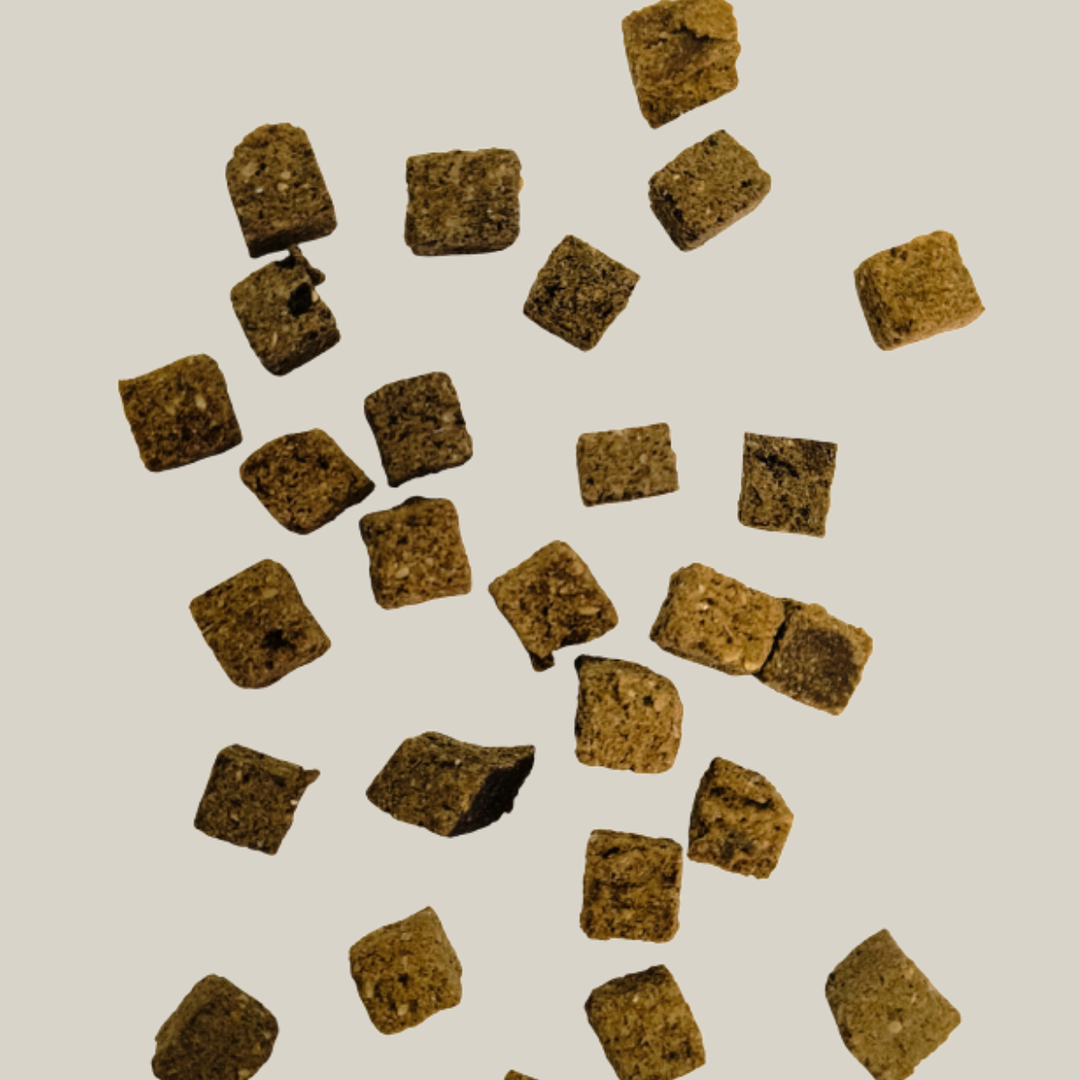 würfelförmige ca. 1cm große Hundekekse aus Pferdefleisch