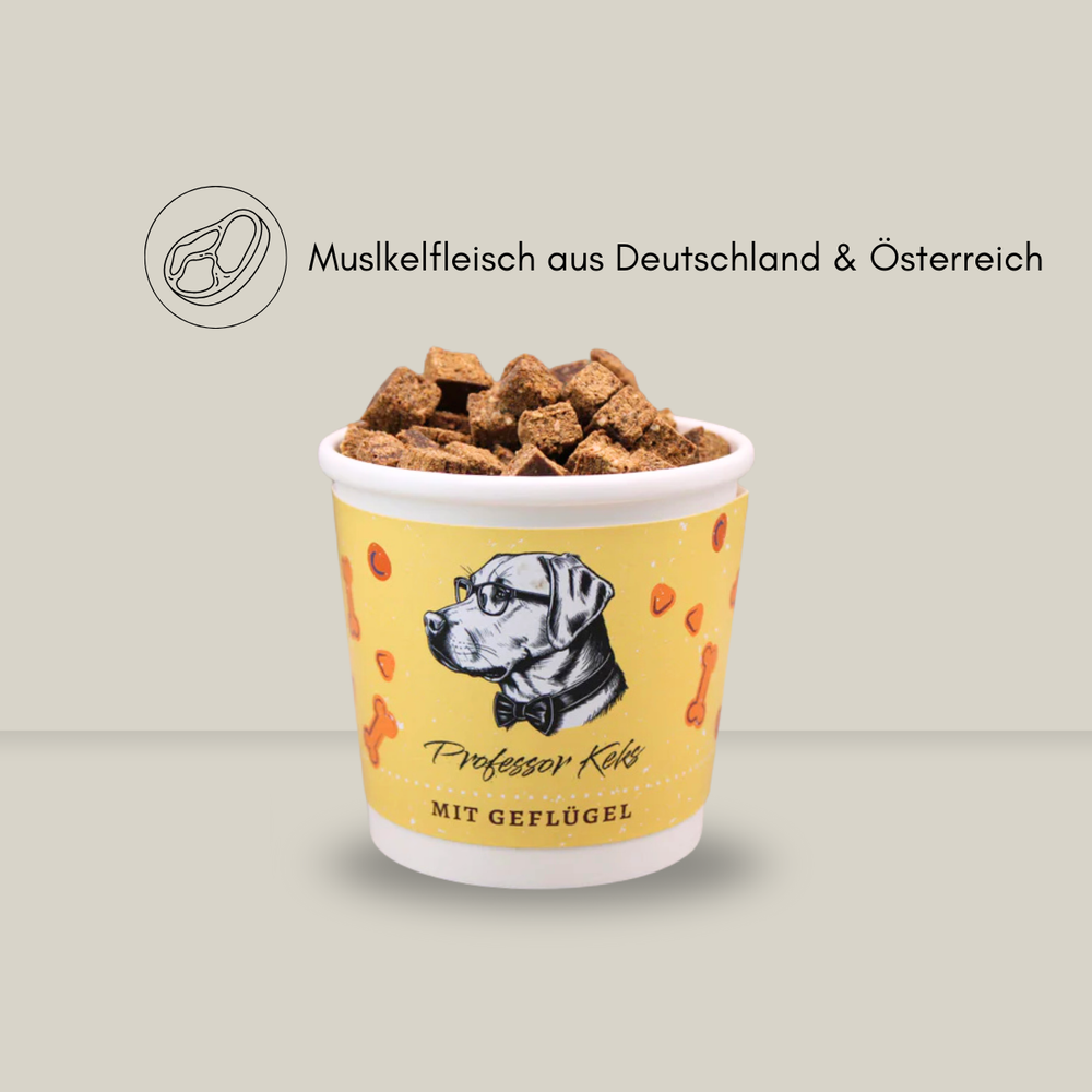 Produktbild von Hundekeksen mit dem Hinweis Muskelfleisch aus Deutschland und Österreich