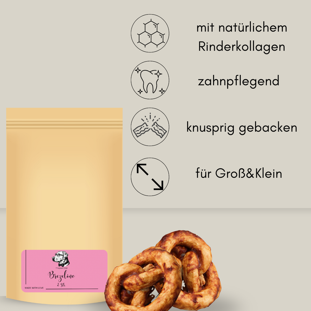 Standbodenbeutel aus Papier mit Kausnacks für Hunde in Brezelform