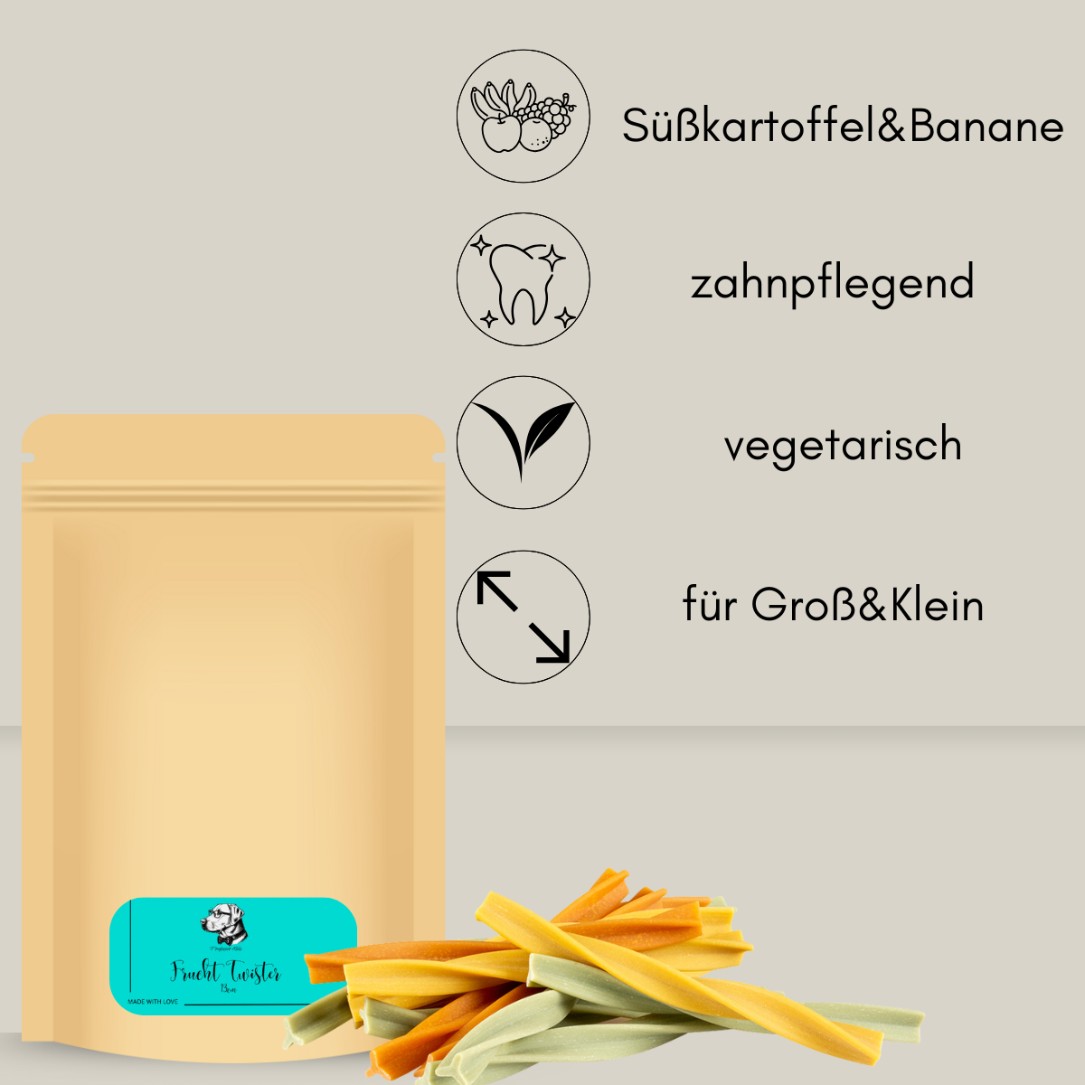 Papiertüte von Professor Keks gefüllt mit vegetarischen Kaustangen in gelb, orange und grün für Hunde 