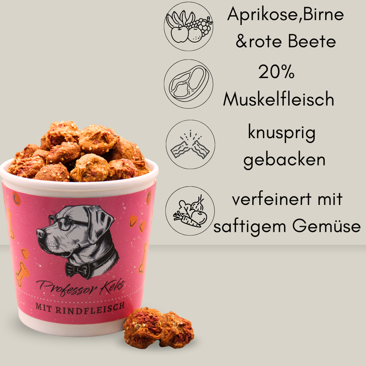 pinker Pappbecher von Professor Keks gefüllt mit kleinen Pasteten für Hunde und den Hinweisen "Aprikose, Birne & Rote Bete, 20%Muskelfleisch, knusprig gebacken und verfeinert mit saftigem Gemüse