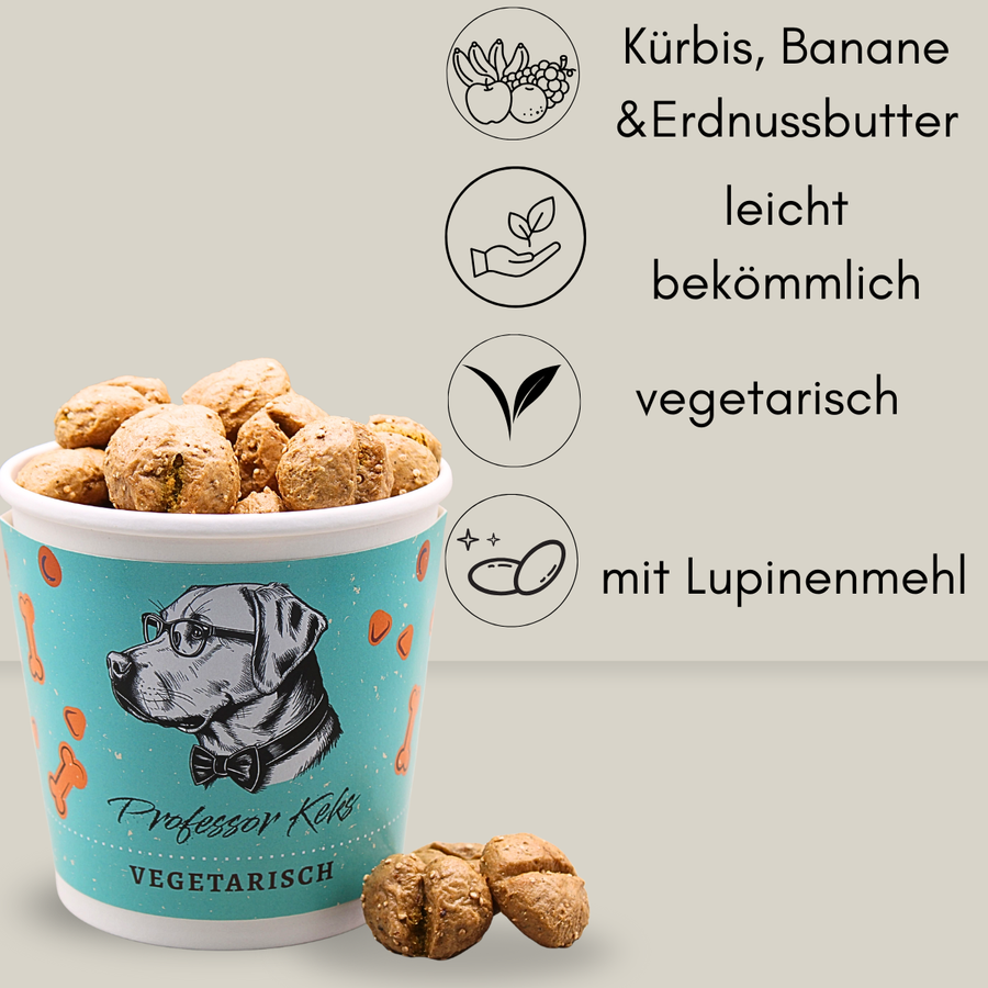 Hundekekse "Kürbis Hupferl" von Professor Keks präsentiert in einem türkisen Papierbecher