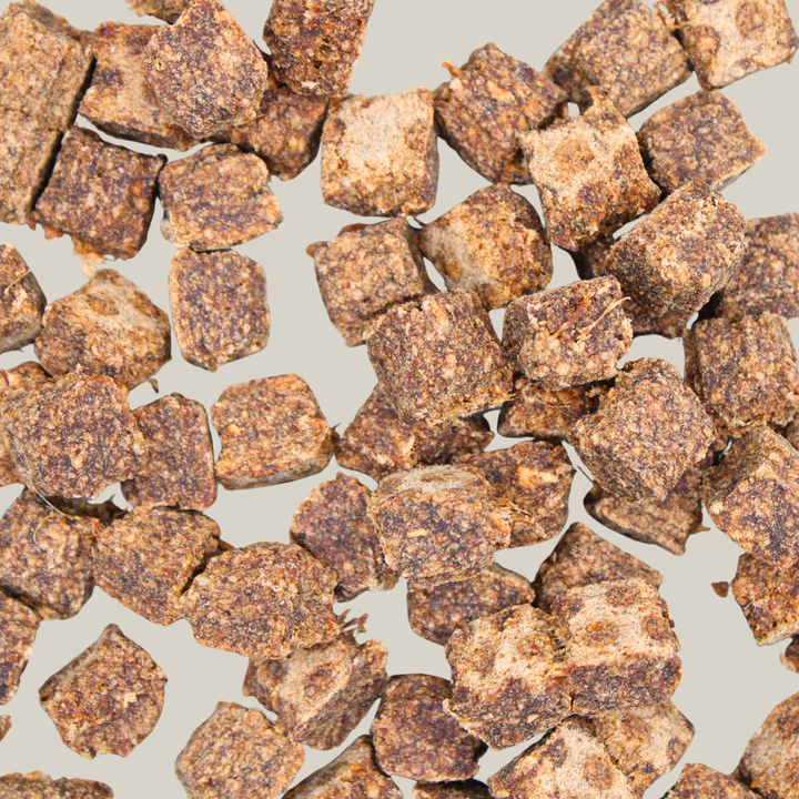 Nahaufnahme von würfelförmigen Hundenkeksen aus Pferdefleisch