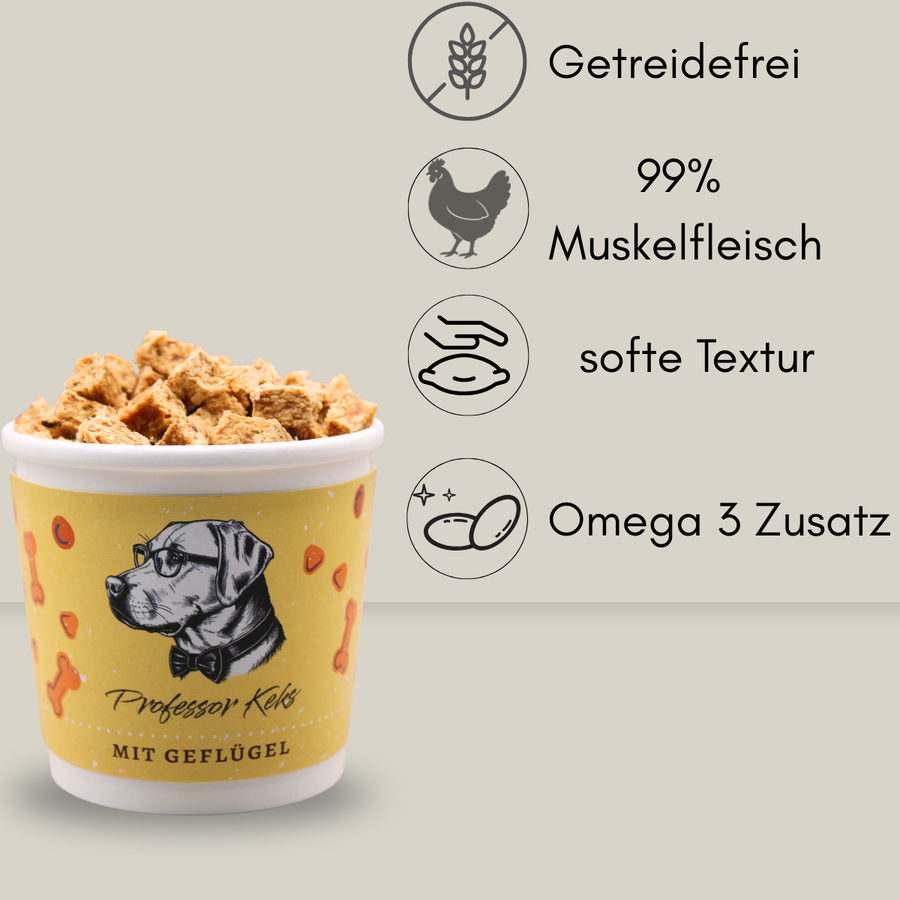 gelber Becher von Professor Keks mit Geflügel Lecklis für Hunde mit den Hinweisen Getreidefreim Muskelfleisch,softe Textur und Omega 3 Zusatz