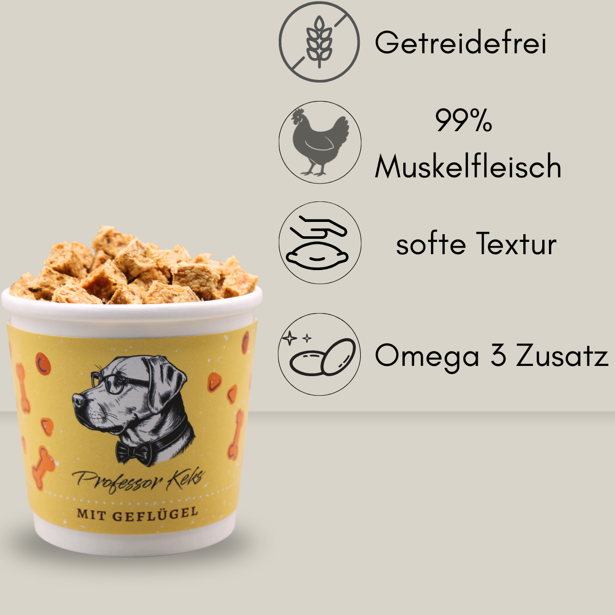 gelber Becher von Professor Keks mit Geflügel Lecklis für Hunde mit den Hinweisen Getreidefreim Muskelfleisch,softe Textur und Omega 3 Zusatz