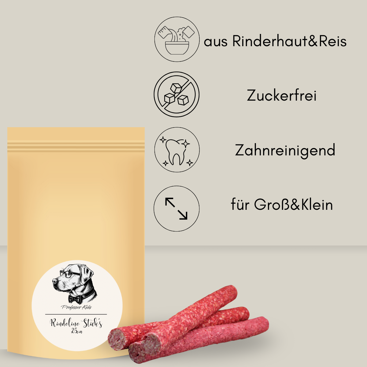 Bodenstandbeutel von Professor Keks mit 25cm langen roten Kaustangen für Hunde