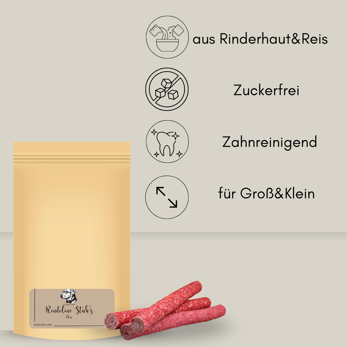 Standbodenbeutel aus Papiermit roten Kaustangen für Hunde