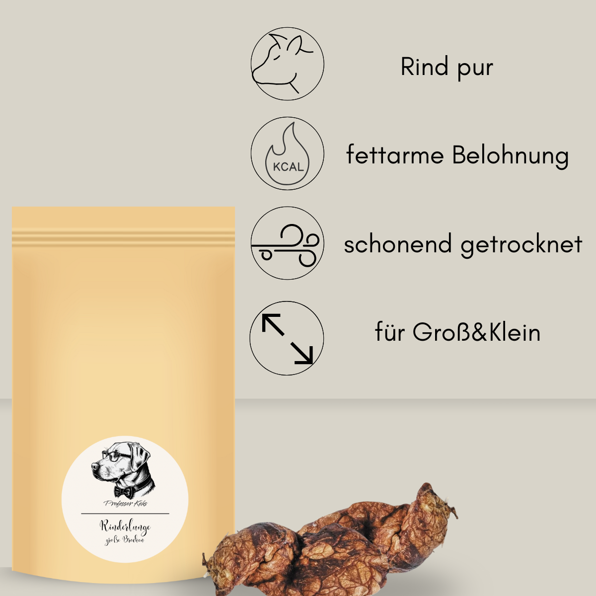 Bodenstandbeutel aus Papier mit getrockneten Rinderlungenstücken