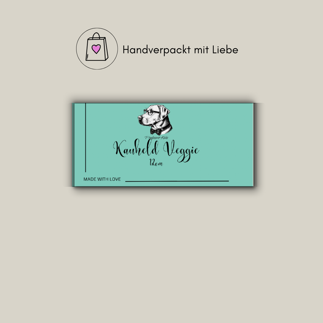 rechteckiger Produktaufkleber in Mintfarbe von Professor Keks für Kauheld Veggie