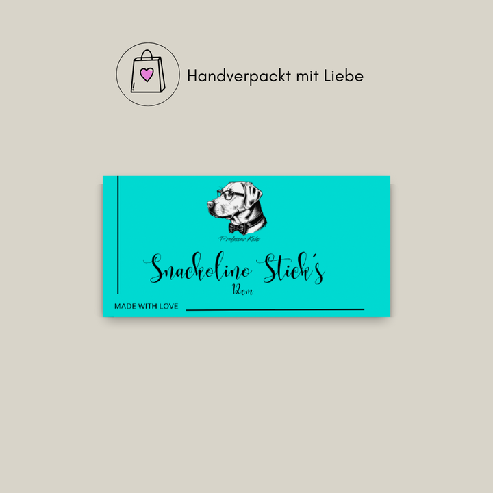 Produktaufkleber in türkis rechteckig für Snackolino Sticks von Professor Keks