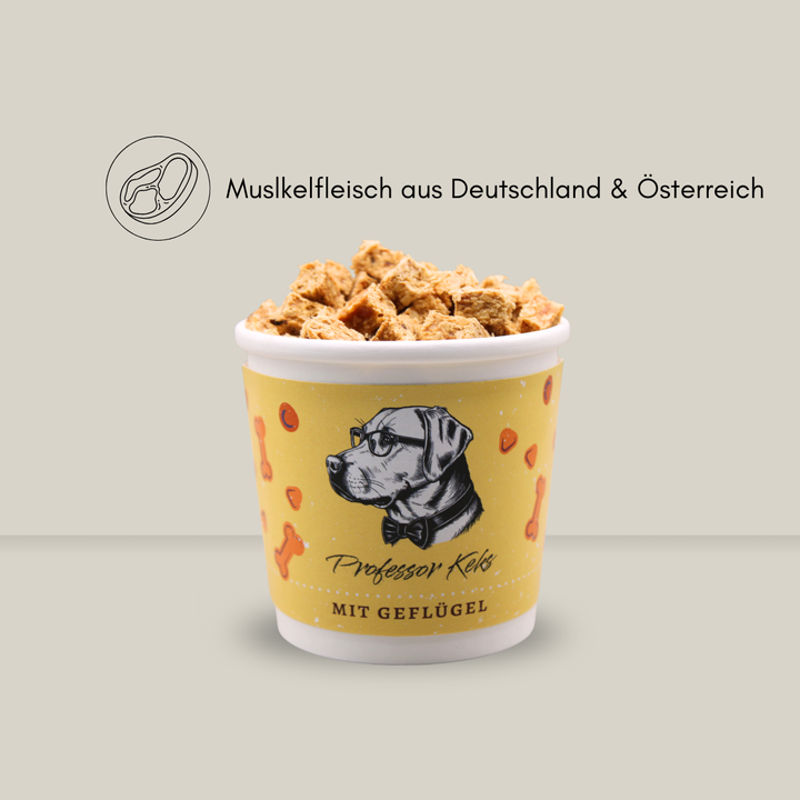 gelbe Verpackung von Professor Keks für Hundekekse mit dem Hinweis der Fleischherkunft