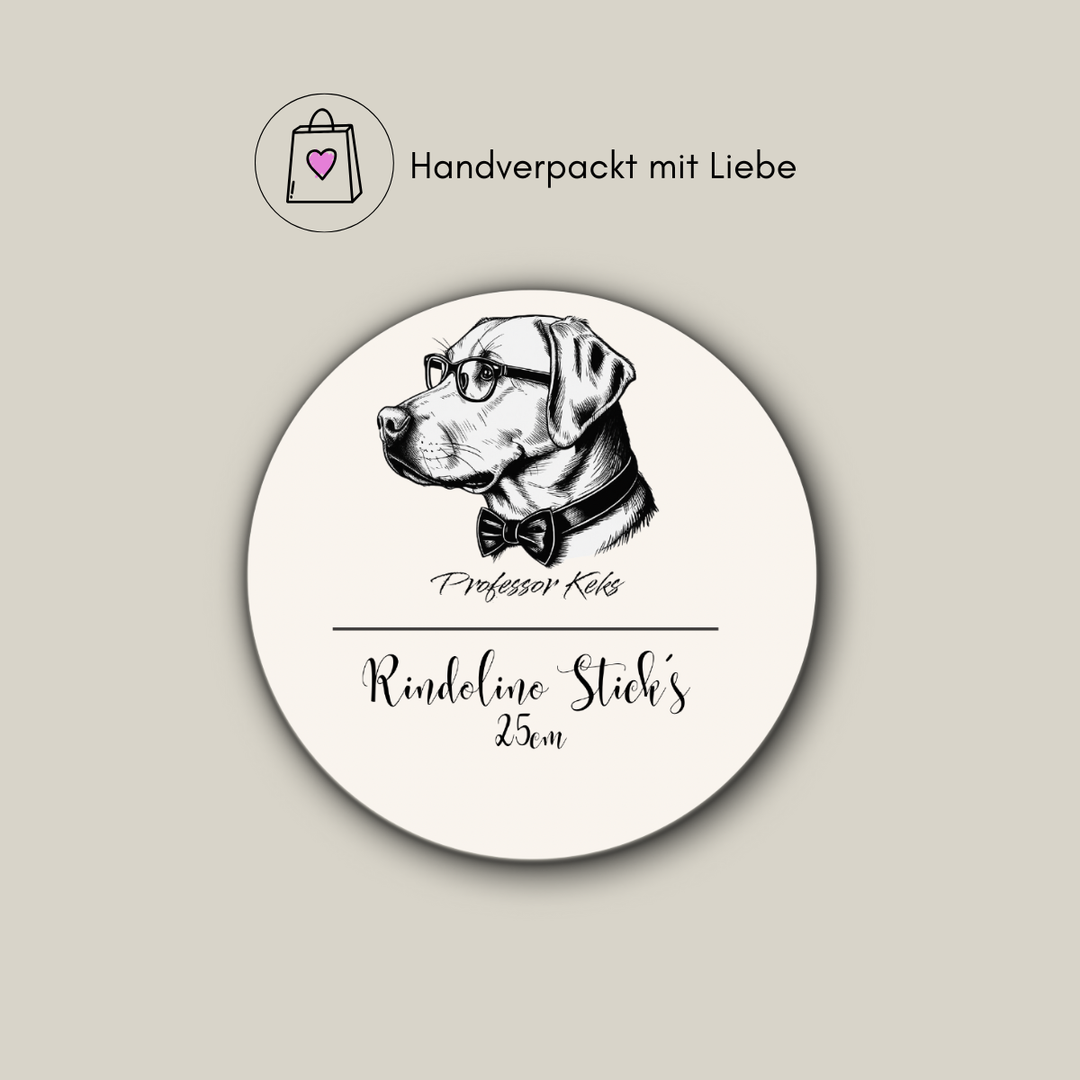 Produktaufkleber rund von Professor Keks für Rindolino Sticks