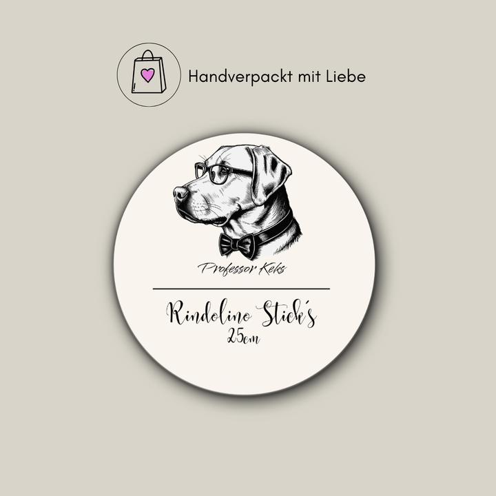 Produktaufkleber rund von Professor Keks für Rindolino Sticks