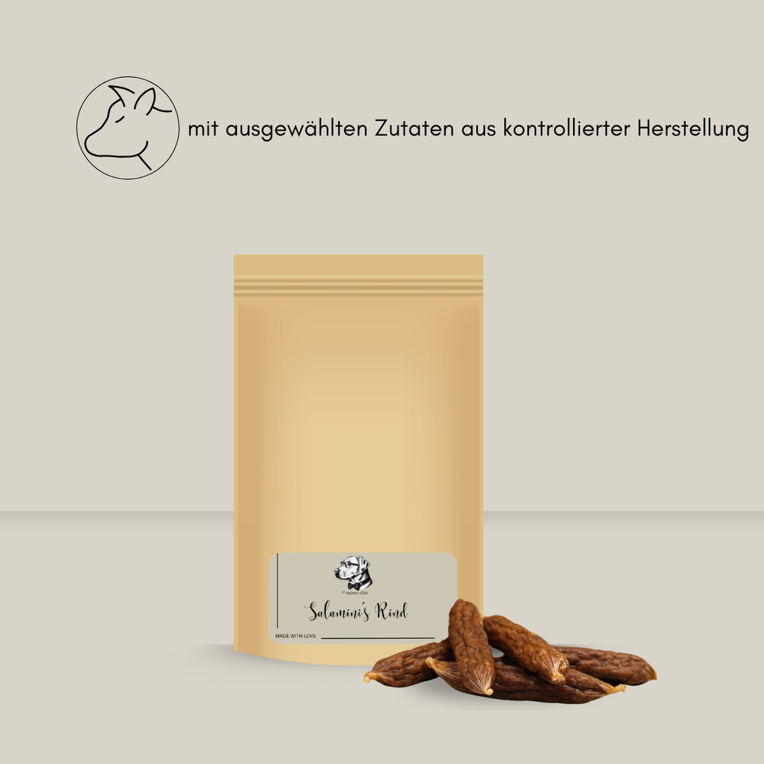 standbodenbeutel von Professor Keks mit kleinen Salamis für Hunde und dem Hinweis "mit ausgewählten Zutaten aus kontrollierter Herstellung"