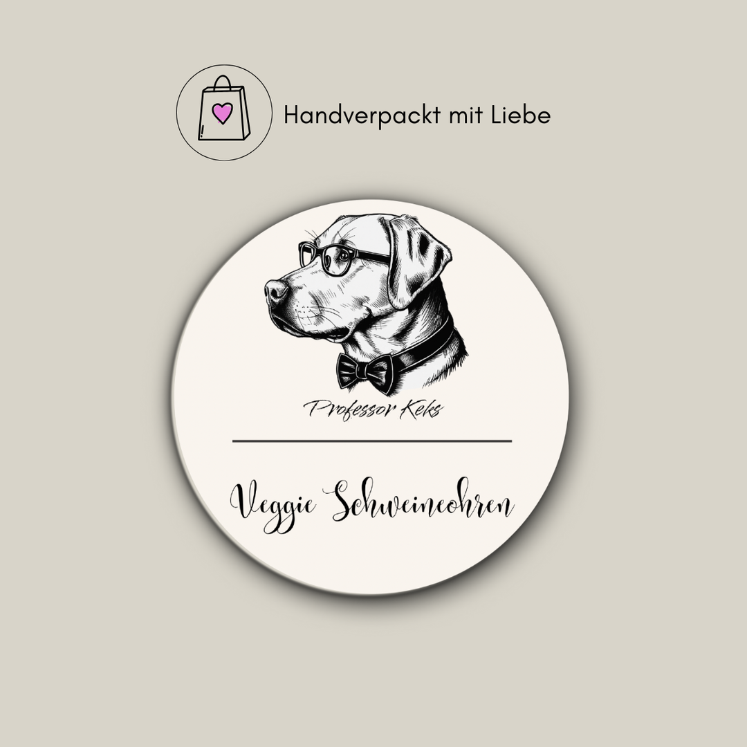 runder Produktaufkleber von Professor Keks für Veggie Schweineohren