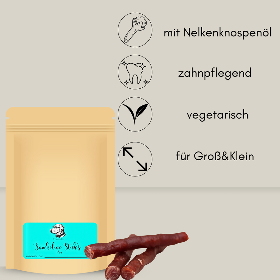 Papierbeutel gefüllt mit vegetarischen Kaustangen und den Hinweisen mit Nelkenknospenöl, zahnpflegend, vegetarisch und für Groß&Klein