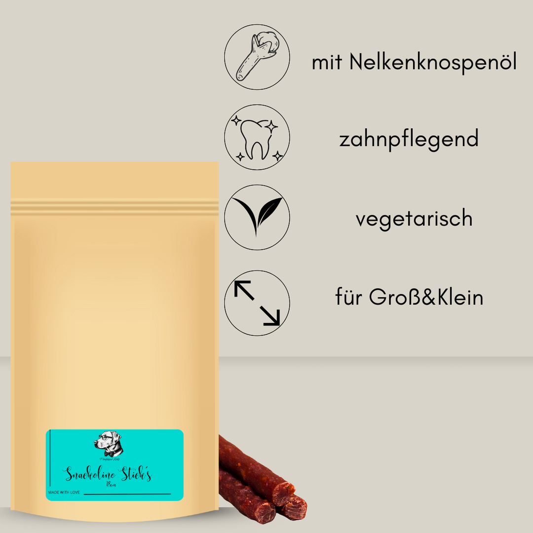 Papertüte mit Hundekaustangen und den Hinweisen "mit Nelkenknospnöl, zahnpflegend, vegetarisch und für Groß&Klein"